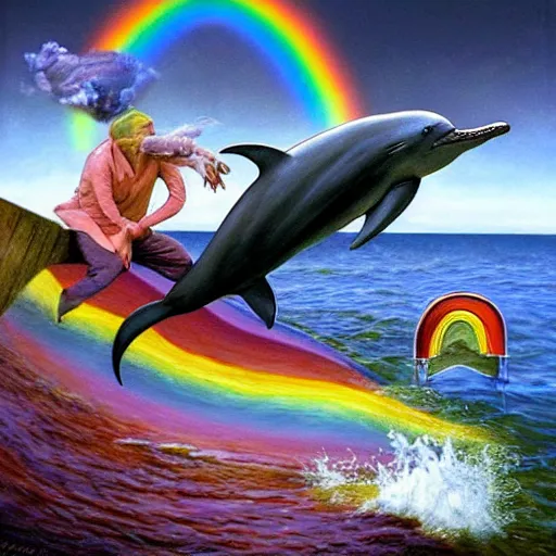 Image similar to a hyper realistic painting of the grim reaper sitting on of a dolphin jumping over a rainbow, by james c christensen and stephen gammel,