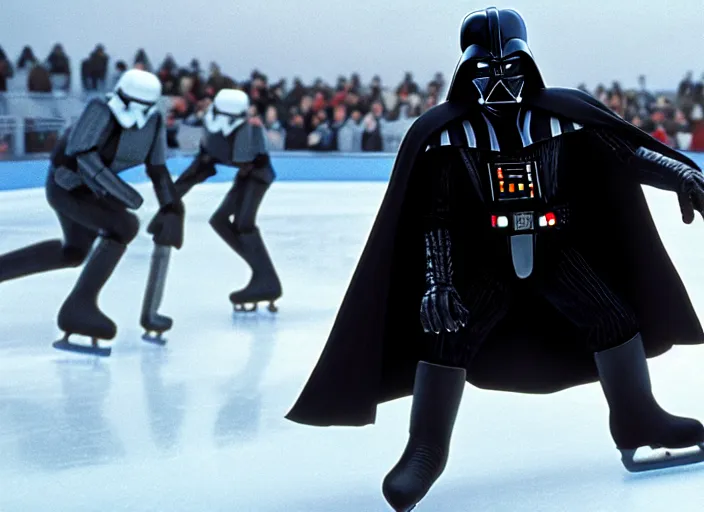 Prompt: film still of Darth Vader goes ice skating in the new Star Wars movie, 4k