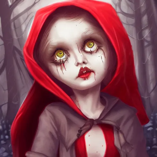 Prompt: horror little red riding hood illustration, digital art, trending on artstation