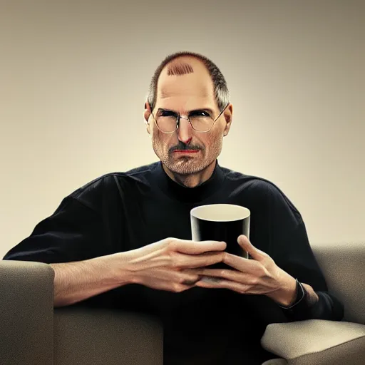 Image similar to A high definition photo of Steve Jobs drinking a cup of coffee on a couch in his living room, hyperdetailed, artstation, digital art, photorealism, accurate, 8k,