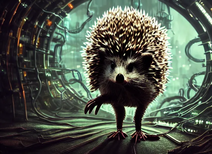 Prompt: portrait of a intricate hedgehog cyborg, on the background of a weird magical mechanical forest. Very detailed 8k. Fantasy cyberpunk horror. Sharp. Cinematic post-processing. Unreal engine. Nanite. Ray tracing. Parallax. Tessellation