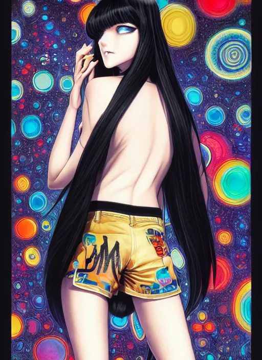 Image similar to richly detailed colored pencil 3 d illustration woman silky straight black hair with iridescence wearing nirvana logo tshirt and short black shorts, she staring at the camera happily art by range murata and artgerm.