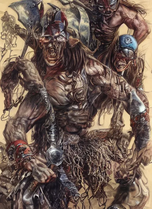 Prompt: A full-color airbrushed, ultra-detailed, hyperrealistic, photorealistic, mixed media, fineliner illustration of Conan the barbarian fighting skeleton warriors, by Glenn Fabry , John Buscema and Bill Sienkiewicz, trending on marvel, trending on artstation