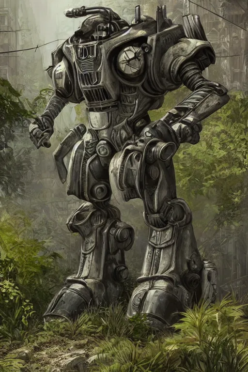 Image similar to Power armor enclave from Fallout 2 stands on a street overgrown with plants, high detail, digital painting, artstation, concept art, smooth, clear focus, illustrations, realism,