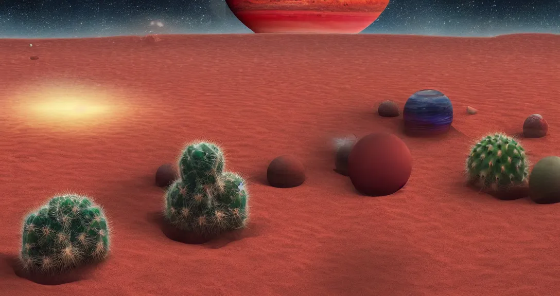 Image similar to ''red sand desert, gas giant in the sky, cactus in the forefront, crashed spaceship in the distance''