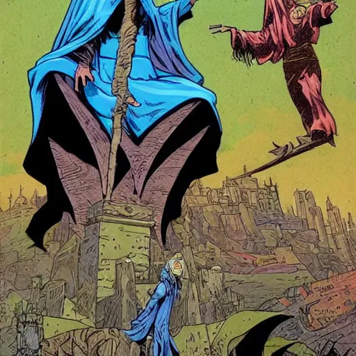 Prompt: precisely drawn illustration of a cloaked wizard pointing into the distance, wide angle, sharp, fine details, French comic style, vibrant realistic colors, full color, heroic fantasy, intense line art, 8k, precise linework, realistic, in the style of Heavy Metal Comics and Richard Corben and Moebius