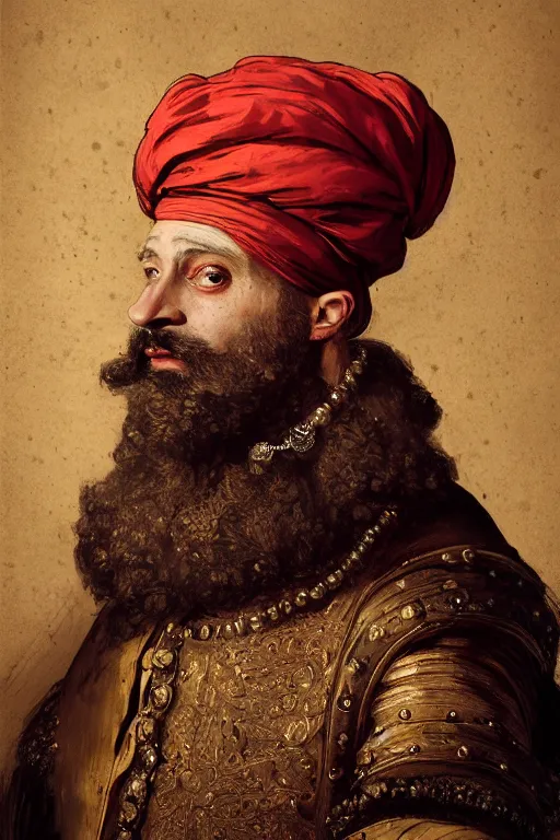 Prompt: portrait, headshot, digital painting, of a 17th century, regal, bearded, wrinkled, middle eastern, decadent, cyborg nobleman, turban, amber jewels, baroque, ornate dark red opulent clothing, scifi, futuristic, realistic, brass, hyperdetailed, concept art, chiaroscuro, Frans Hals style