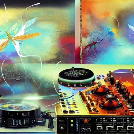 Image similar to surreal gouache painting, by yoshitaka amano, by ruan jia, by Conrad roset, by good smile company, detailed anime 3d render of big transparent amber stone in the center of the screen with a magical dragonfly inside. dragonfly inside an amber stone, amber stone on the Dj mixer, Surrounded by a big DJ Mixer, Controller deck, portrait, cgsociety, artstation, rococo mechanical and Digital and electronic, dieselpunk atmosphere