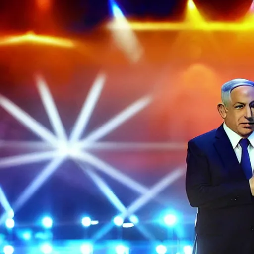 Image similar to photograph of benjamin netanyahu on stage singing in the eurovision representing israel, stage lighting, sharp focus, cinematic composition, wide shot, highly detailed