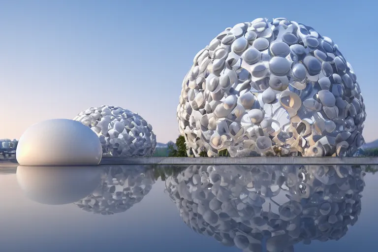 Prompt: a building formed by the intersection and fusion of many multi - white spherical and egg - shaped spaces. on the calm lake, people's perspective modern curved architecture, future, wood, marble, metal award winning, highly detailed 4 k art, dusk, unreal engine highly rendered, global illumination, radial light, internal environment by kazuyo sejima