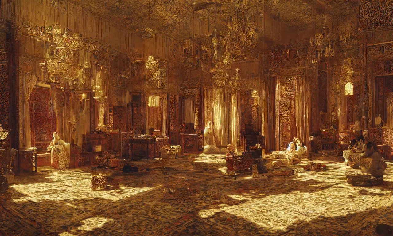 Prompt: grand dream of ottoman opulence and the splendor of architectural orientalism, art by rudolf ernst, orientalism, hypereralism, ultra hd, 8 k resolution