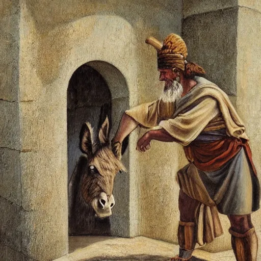 Image similar to man in ancient caananite costume painting a donkey on the doorpost of an ancient home