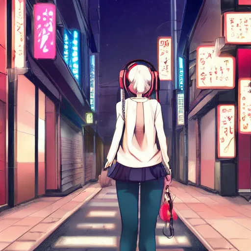 Image similar to an anime teen walking at the streets of tokyo at night while wearing headphones, aesthetic, night lights, digital painting, wlop, trending on artstation, deviantart, 8k UHD