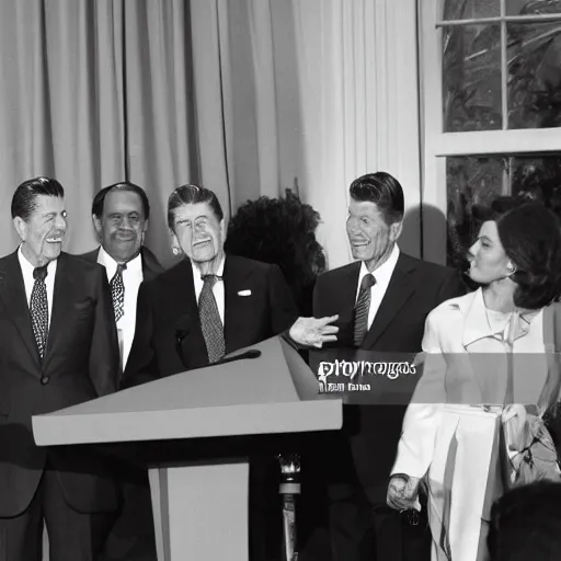 Prompt: claymation press conference ronald reagan unveiling first dinosaur born in united states outside the white house