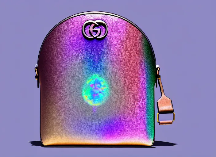 Prompt: futurist iridiscent bag, made by gucci, fashion design, xf iq 4, 1 5 0 mp, 5 0 mm, iso 2 0 0, 1 / 1 6 0 s, natural light, octane render, adobe lightroom, rule of thirds, symmetrical balance, depth layering, polarizing filter, sense of depth, ai enhanced