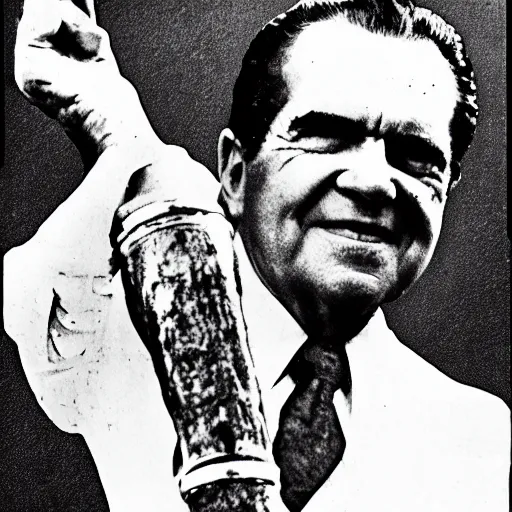 Image similar to Richard Nixon holding aloft a car tire, in the style of William Blake