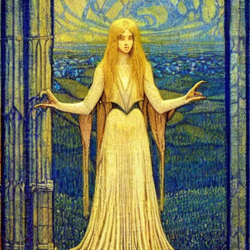 Image similar to beautiful young medieval queen by jean delville, art nouveau, symbolist, visionary, gothic, neo - gothic