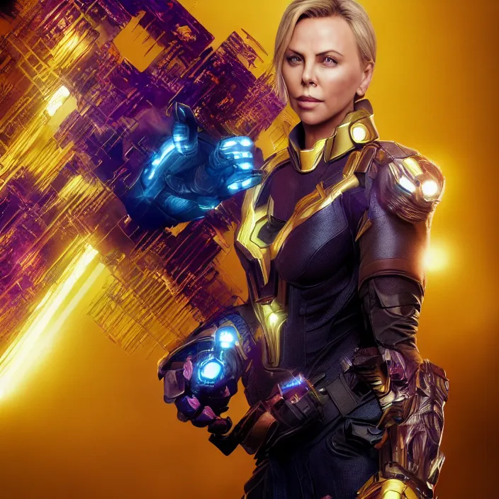 Image similar to portrait of ((Charlize Theron)), wearing The Infinity Gauntlet. SNAP. intricate artwork. octane render, trending on artstation, avengers. thanos. cinematic, hyper realism, high detail, octane render, 8k, iridescent accents