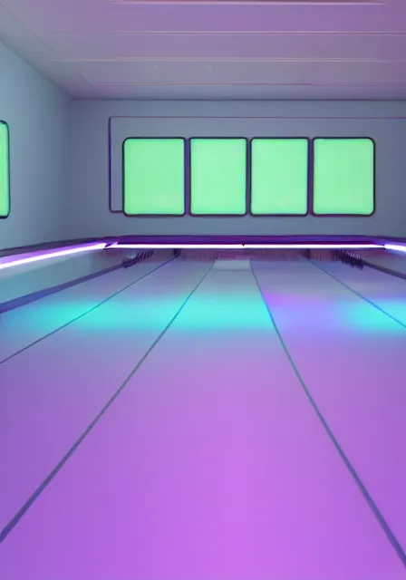 Image similar to pastel iridescent aesthetic 3d bowling alley at night, cinema 4d, digital art, octane renter, hd, 8k, hyperrealistic, highly detailed, trending on behance, in the style of blake kathyrn and James Turrell