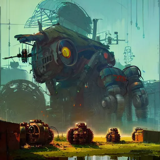 Image similar to dieselpunk concept art of a humble farm with robots and mechas working on it, grimy, gritty, dieselpunk trending on artstation, award winning painting, cgi, art by john berkey and anton fadeev and john howe and simon stalenhag