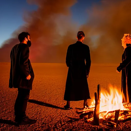 Image similar to atmospheric photograph of three ravers, two men, one woman in a trenchcoat blessing the earth, seen from behind, talking around a fire, dancefloor kismet, diverse costumes, clean composition, desert transition area, bonfire, night, australian desert, xf iq 4, symmetry, sony a 7 r, 1 5 0 mp, 5 0 mm