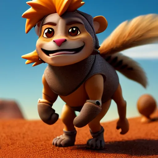 Image similar to antropomorphic knight lion warrior as nendoroid walking in a desert in the croods movie style, anime, disney, pixar, 8 k, hd, dof, kodak film, volumetric lighting, subsurface scattering, photorealistic, octane render, details