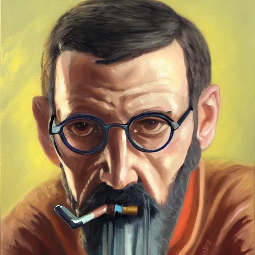 Prompt: Gordon Freeman smoking, oil painting