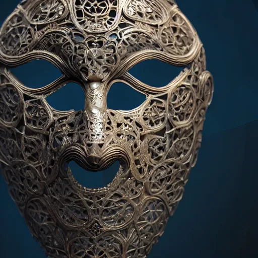 Image similar to an elaborate intricate mask made of water, rendered in octane, behance hd, bokeh backdrop