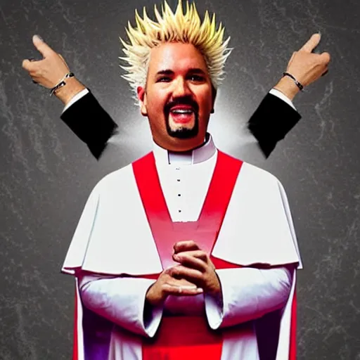 Image similar to guy fieri dressed as the pope, giving a speech in front of millions