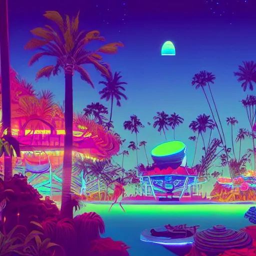 Image similar to a bioluminescent neon tropical market by paolo eleuteri serpieri and tomer hanuka and chesley bonestell and daniel merriam and tomokazu matsuyama, unreal engine, high resolution render, featured on artstation, octane, 8 k, highly intricate details, vivid colors, vector illustration