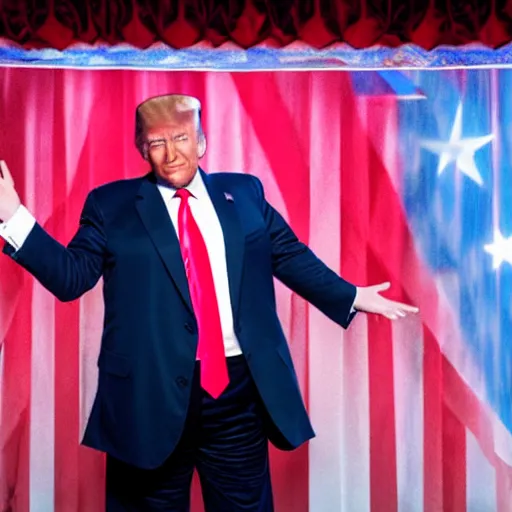 Image similar to Movie still of Donald Trump The Musical