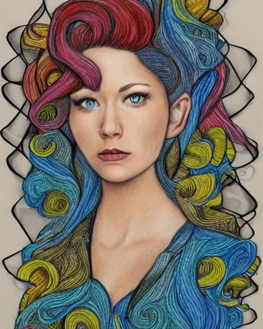 Prompt: a young woman with an extravagant hair style, colored pencil highly realistic rendering graphic collage in the style of Erica Rose Levine