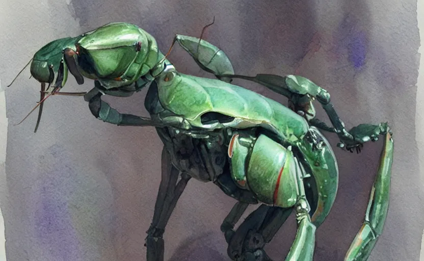 Prompt: concept art of a religious mantis in robot, pinterest, artstation trending, behance, watercolor, by coby whitmore, silver, laser light,