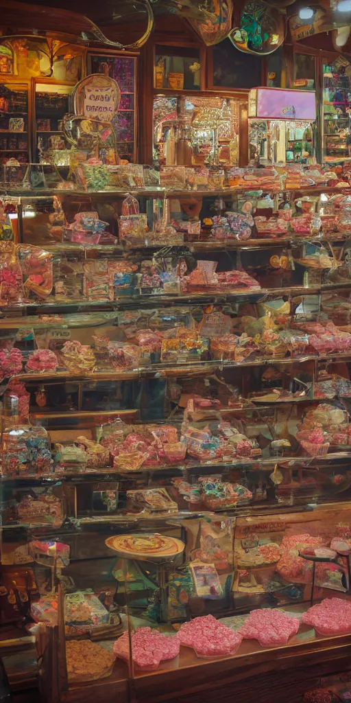 Prompt: Inside a beautiful magical old fashioned sweet shop, vendor interior, wide angle, cinematic shot, highly detailed, cinematic lighting , photo-realistic