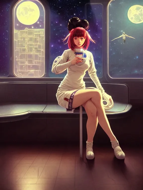 Image similar to full body picture of a space girl sitting in the moon cafe, bored, coveted, beautiful and aesthetic, intricate, unreal engine, messy hair, highly detailed, detailed face, smooth, sharp focus, chiaroscuro, manga illustration, artgerm, greg rutkowski, ilya kuvshinov, rossdraws, alphonse mucha, young adult light novel cover art