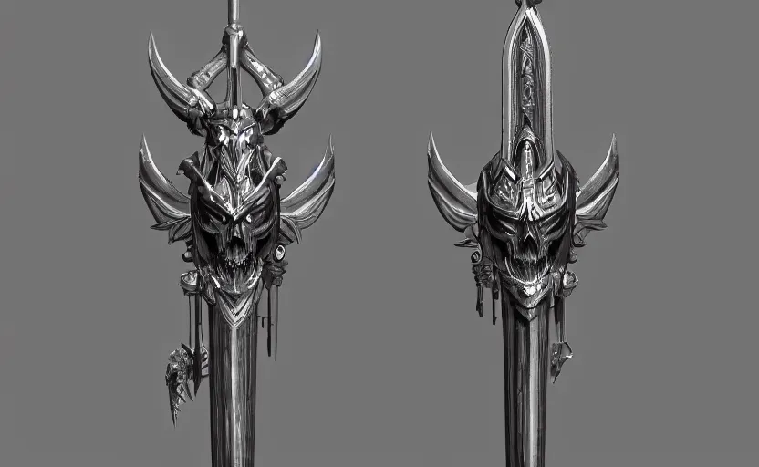 Image similar to a black and silver sword skull crest, orthographic, ornament, weapon, a 2 d render by dom qwek, front side, concept art, trending on polycount, artstation, hard surface modeling, rendered in maya, zbrush, hd, vray, blizzard, symmetry