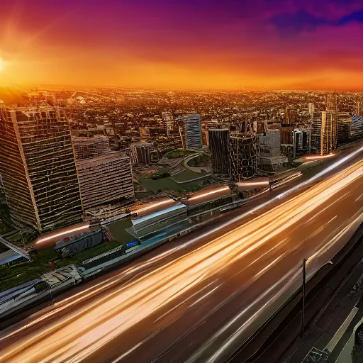 Image similar to a photo of an f - zero city, ground level, sunset, hdr 4 k