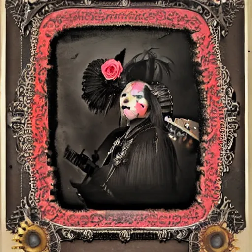 Image similar to black raven feathers , darkening the sky a mariachi band steampunk rose large ears and uncut, a wetplate daguerrotype trending on deviantart