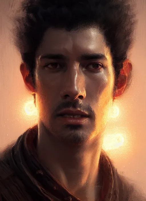 Image similar to portrait of an ancient traveller, a rough young man with black hair, intricate, elegant, glowing lights, highly detailed, digital painting, artstation, concept art, smooth, sharp focus, art by wlop, mars ravelo and greg rutkowski