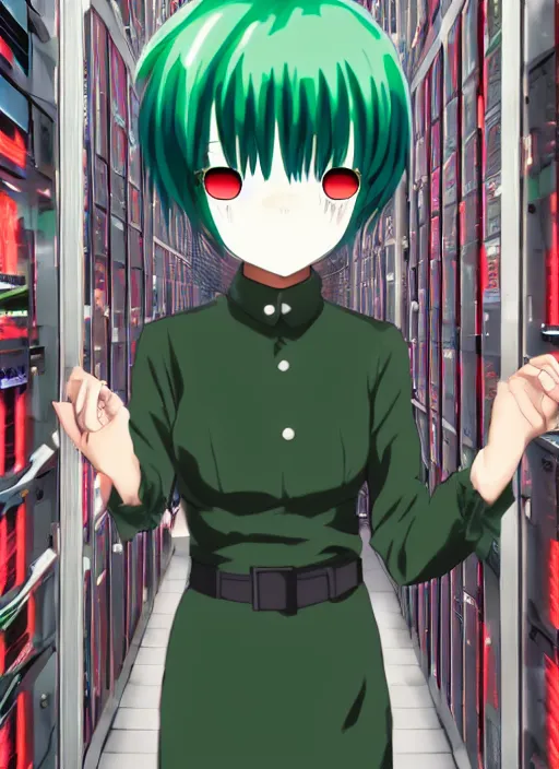 Image similar to shiki eiki, bobbed and bowl cut hair, green hair color, standing in a server room, wearing business casual dress, 4 k, vaporwave, cinecolor, bladerunner style