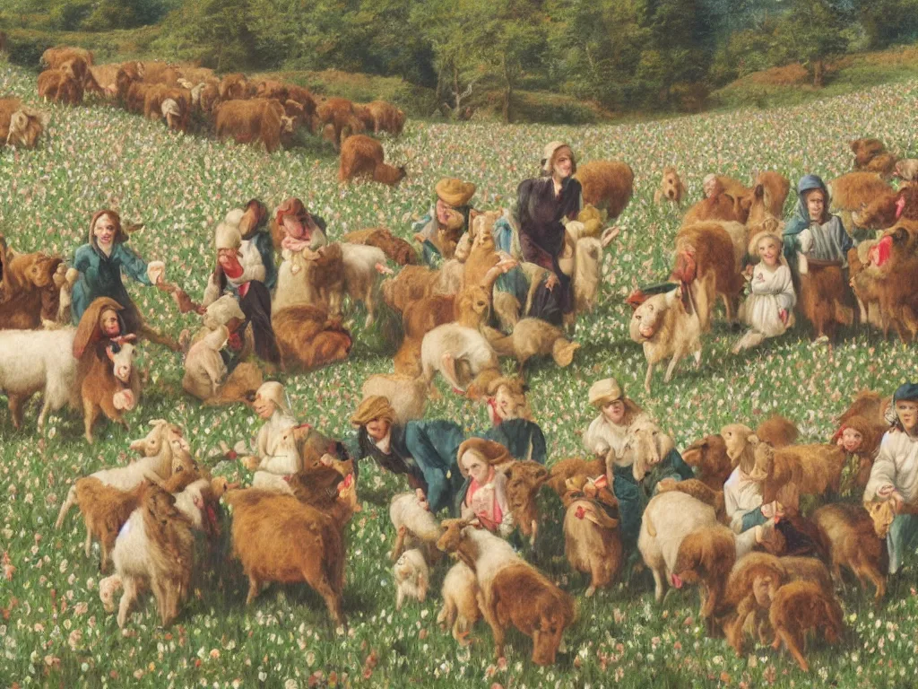 Prompt: group of social media celebrities being herd in a popcorn and candy field by a shepherd