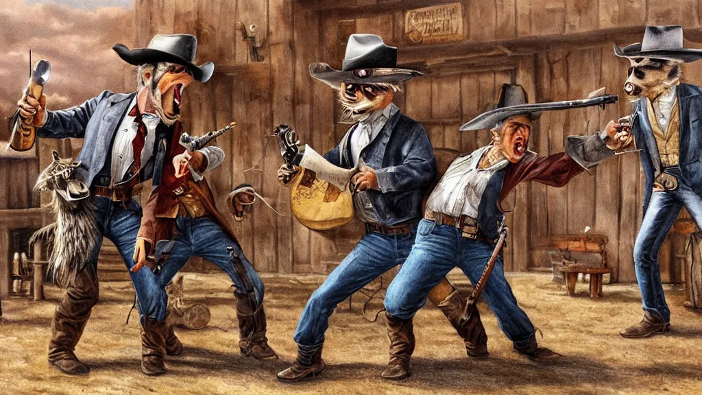 Image similar to photorealistic full - color storybook illustration of : during a hoedown at a saloon in the old west, an angry anthropomorphic raccoon dressed as a cowboy is having a duel with “ daniel day - lewis ” and they are holding revolvers. frightened “ nancy reagan ” is watching them. color professional hyper - realistic drawing.