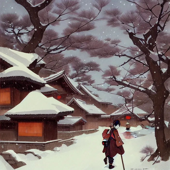 Prompt: japanese countryside, winter, in the style of studio ghibli, j. c. leyendecker, greg rutkowski, artem