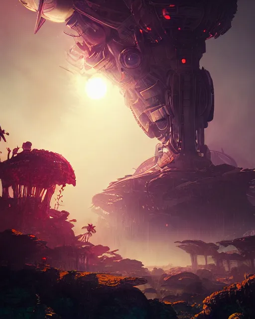 Image similar to alien temple, beautiful landscape, nier automata, protoss!!!!, machine planet, mothership in the sky, pink sun, tropical forest, colorful light, advanced technology, cinematic lighting, highly detailed, masterpiece, art by bastien grivet and darwin cellis and jan urschel