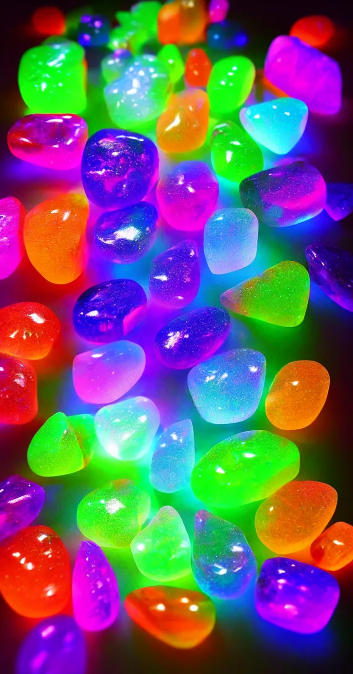 Prompt: realistic photo of colorful transparent stones, light glowing from behind, very sharp focus, in the style of greg rutswoski, very hyper realistic, highly detailed, fantasy art station