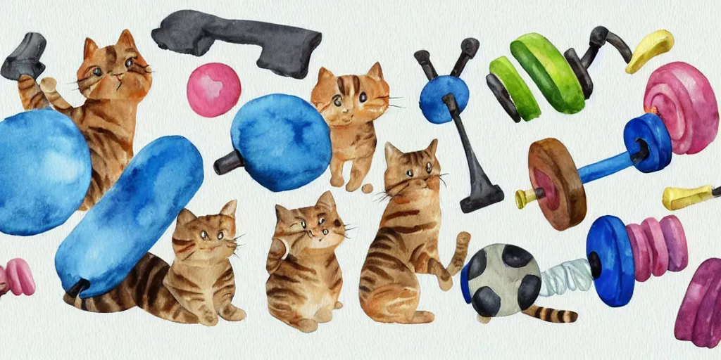 Image similar to watercolor illustration style, cute! cats!! training in the fitness studio, sports equipment laying around!