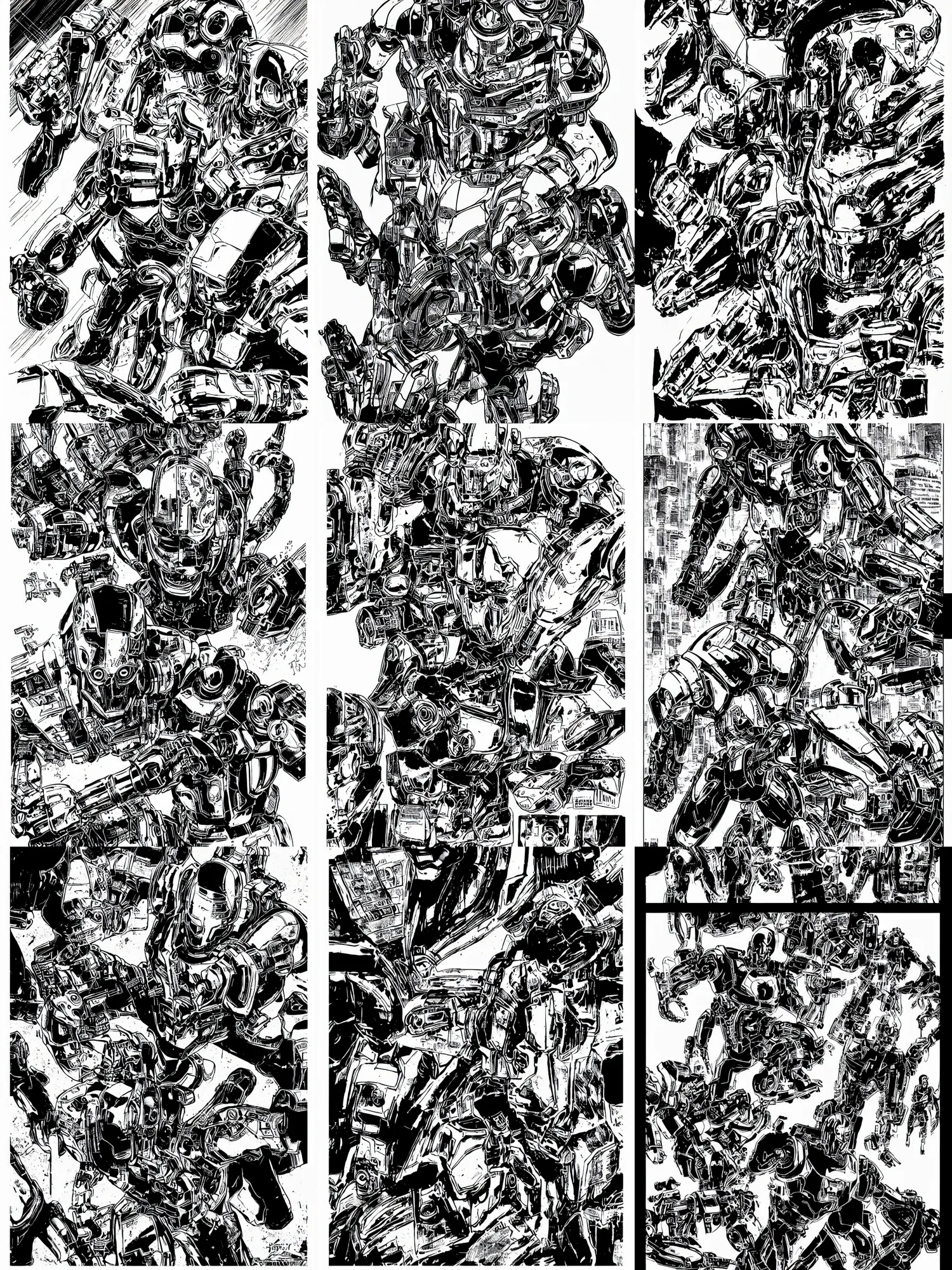 Prompt: ultron, a page from cyberpunk 2 0 2 0, style of paolo parente, style of mike jackson, adam smasher, johnny silverhand, 1 9 9 0 s comic book style, white background, ink drawing, black and white