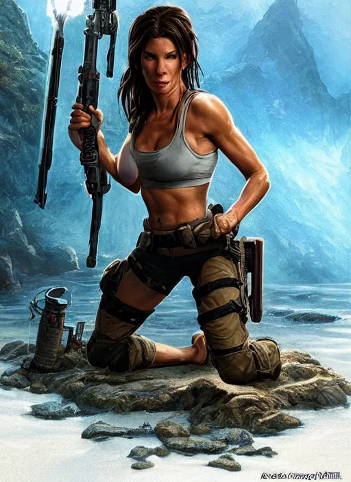 Prompt: Sandra Bullock as Lara Croft as a ruggedly handsome heroine kneeling next to a glowing artifact lodged in shallow water, intricate, elegant, highly detailed, artstation, concept art, smooth, sharp focus, illustration, bokeh art by artgerm and donato giancola and Joseph Christian Leyendecker, WLOP, fireflies