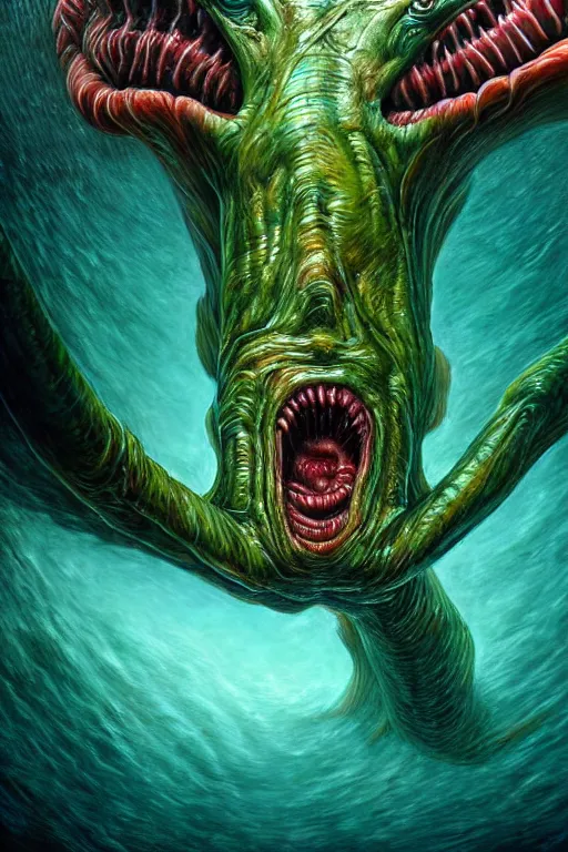 Image similar to hyperrealistic close-up surrealism underwater creature monster!! highly detailed concept art eric zener elson peter cinematic hard green lighting high angle hd 8k sharp shallow depth of field, inspired by David Paul Cronenberg and Zdzisław Beksiński