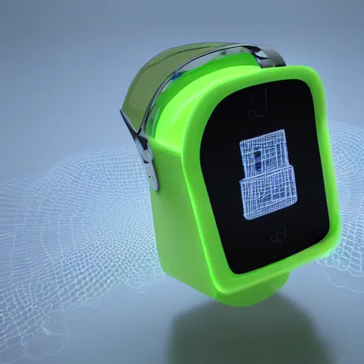 Image similar to an ultra high definition cycles 3D render of a floating chunky green transparent plastic mobile phone modelled after a walkie-talkie at an angle with an e-ink screen inspired by a g-shock watch. Emissive screen and indicator lights, bloom, volumetric shadows